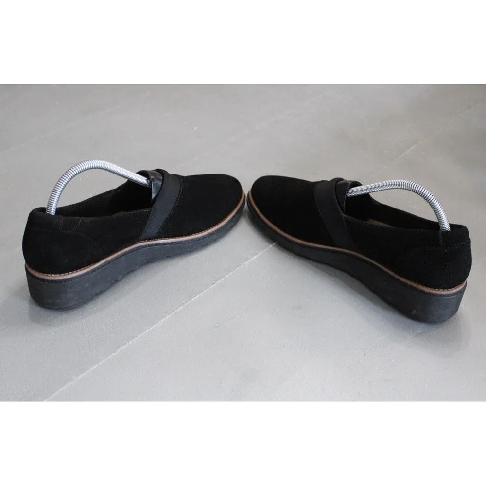 Clarks Sharon Pump Black Suede Slip On‎ Comfort Loafers Womens Size 10 Wedge